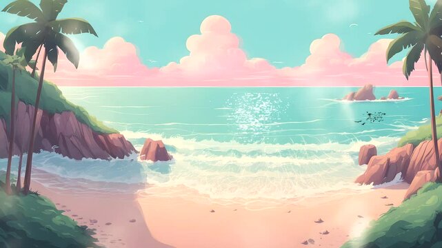 A beach scene with a pink and blue sky and palm trees. The ocean is calm and the waves are small