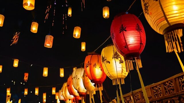 festival Lantern  with fireworks, in an amazing night, in smooth looping video 