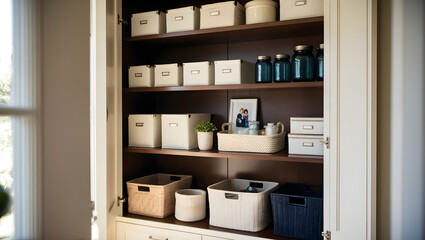 A meticulously organized cabinet at home, captured through a shallow depth of field in a warm and inviting photography style, generative ai