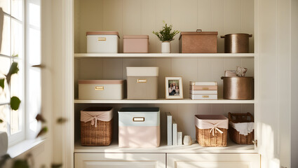 Fototapeta premium A meticulously organized cabinet at home, captured through a shallow depth of field in a warm and inviting photography style, generative ai