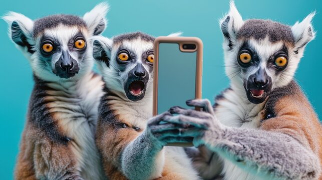 Group lemurs animals expressing funny surprise while taking phone selfie background wallpaper AI generated image