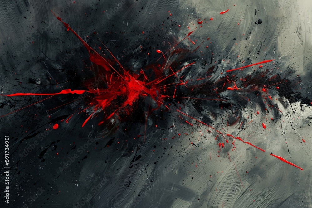 Poster This image features a striking abstract composition with intense black and red splashes on a dark, textured background, evoking a sense of explosive energy and dynamic movement.