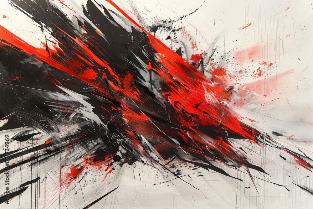 Fototapete this abstract image showcases vivid red and black strokes against a white background, creating a com