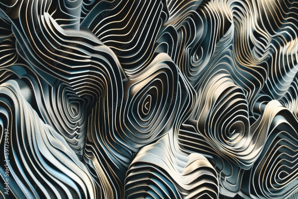 Poster This image showcases a complex and abstract pattern of flowing and layered elements in shades of blue and white, creating a sense of fluidity and depth.