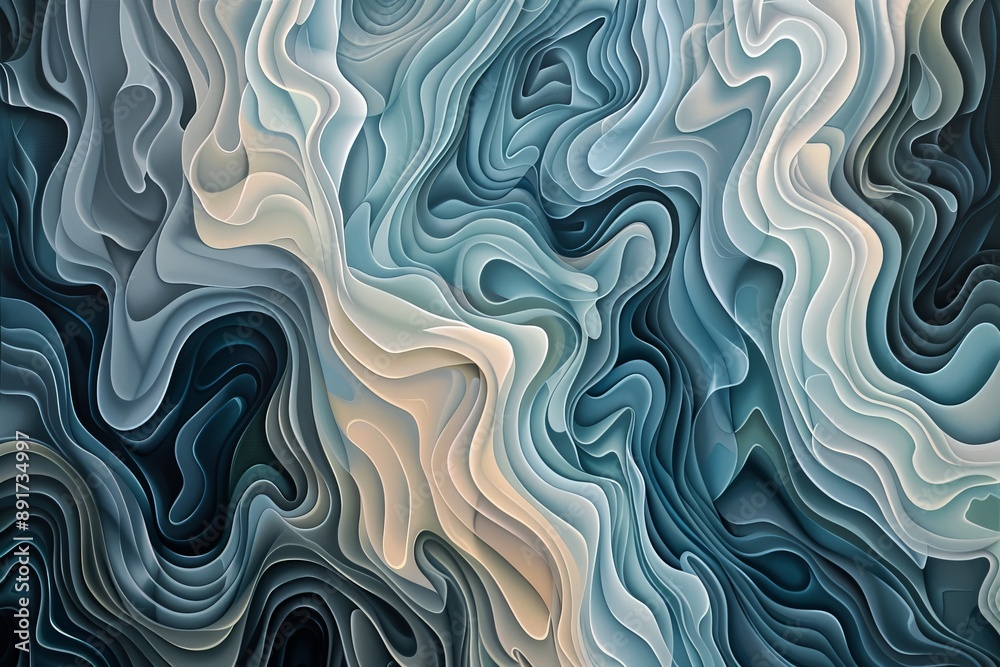 Aufkleber This artwork features abstract undulating patterns with a mix of soft blue, teal, and neutral tones, giving a calming and meditative ambiance resembling fluid dynamics.