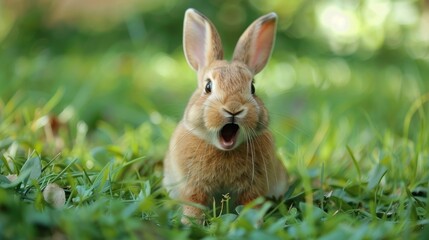 Fototapeta premium Cute rabbit animal expression shocked surprised in green garden background wallpaper AI generated image