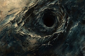 A dark, abstract vortex surrounded by rugged textures, evoking a sense of depth and mystery, reminiscent of stormy seas or a black hole, drawing the viewer into its intense core.