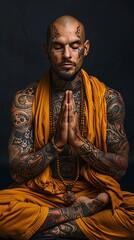 Captivating Of A Tattooed Buddhist Monk In An Orange Robe Meditating at Temple