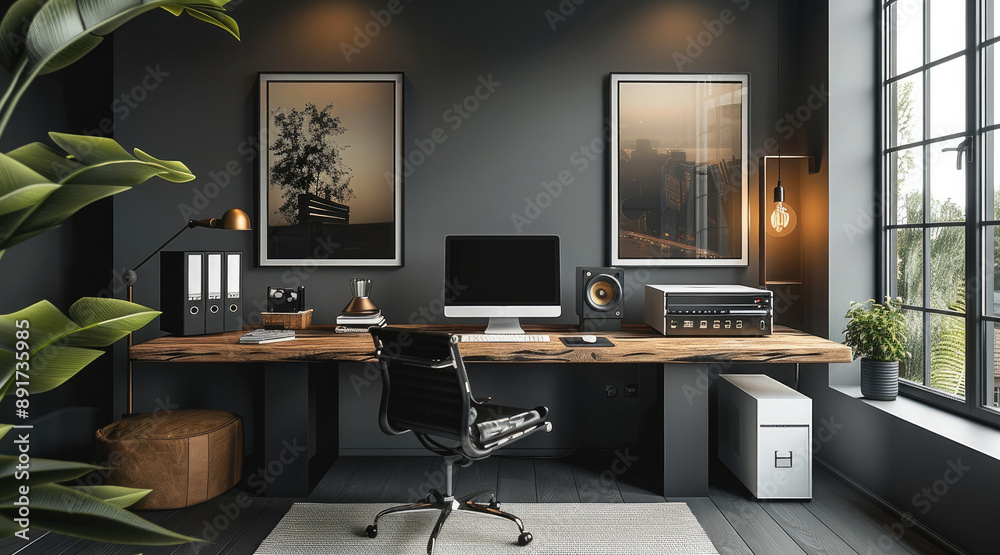 Leinwandbilder an interior design for a home office with a minimalistic modern desk, two empty frames with no poste