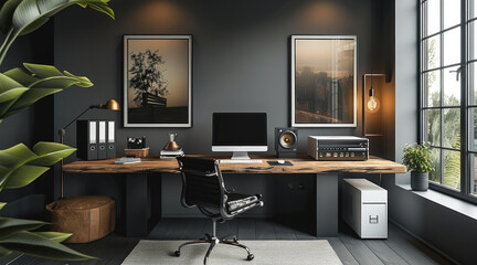 An interior design for a home office with a minimalistic modern desk, two empty frames with no posters in it on the wall, a wood grain table top, high end computer equipment on it. Generative AI.
