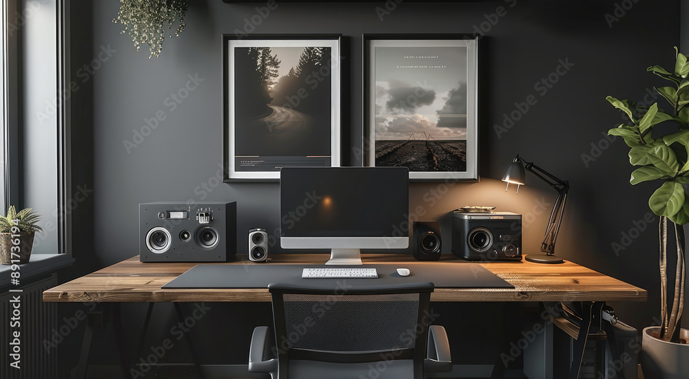 Leinwandbilder an interior design for a home office with a minimalistic modern desk, two empty frames with no poste