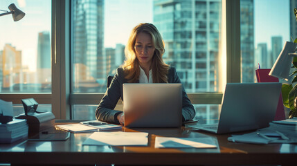 Fototapeta premium Businesswoman in Office With Cityscape Background