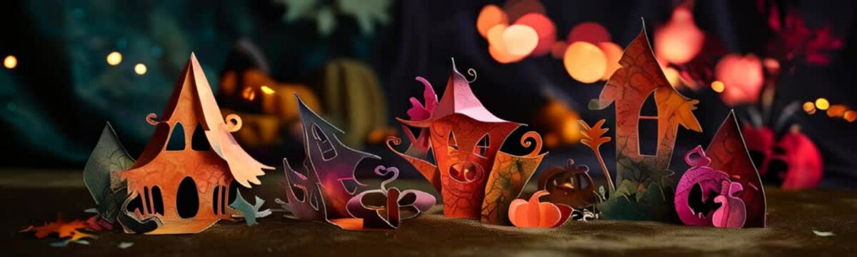 Halloween backdrop. Craft paper art origami fairy tale houses and pumpkins against dark forest bokeh background. Copy space template web banner