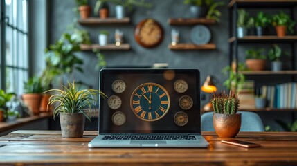 Retro styled laptop with multiple clocks on the screen in home office