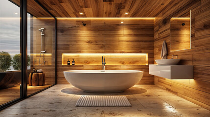 modern bathroom with freestanding bathtub and sink