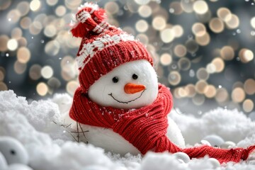 Cute Snowman in Hat and Knitted Scarf - Winter Background