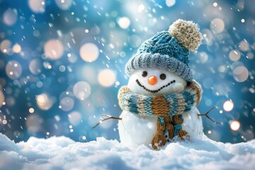 Obraz premium Cute Snowman in Hat and Knitted Scarf - Winter Background