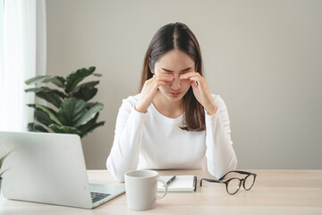 Eye problem concept, fatigue asian young woman tired eyes, irritated rubbing eye dry relief vision...