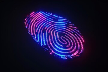 Digital neon hologram fingerprint Isolated on black background