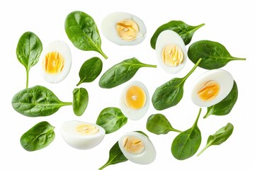 fresh spinach leaves and hard-boiled egg slices flying in mid-air Isolated on white background