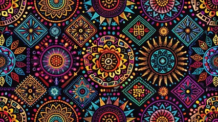 Colorful ethnic handmade ornament on black background, seamless pattern,generative ai 