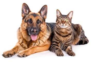 German shepherd dog and cat together isolated on white background