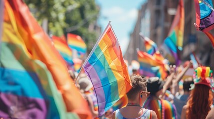 Fototapeta premium A pride parade with people from the LGBTQ+ community and allies celebrating love and acceptance with colorful banners and flags
