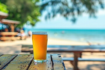 Glass of beer on bar table with blurred ocean or sea beach at background. Summer relax