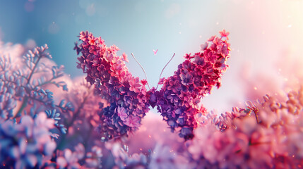 Butterfly-shaped thyroid gland in spring flowers lilac. Concept of thyroid gland control. 