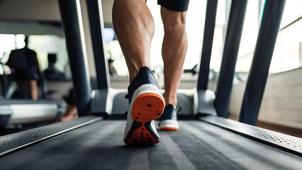 Close-up of man feet on a treadmill running at the gym or at home