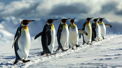 Fototapeta premium Emperor Penguins Marching on Snowy Beach