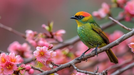 Golden Fronted Leafbird Perched on Sakura Tree Branch, Jayanti Buxa, West Bengal, India