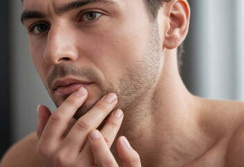 Obraz premium A man applying cologne to his neck, emphasizing fragrance. 