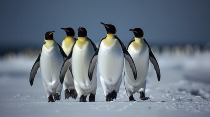 Naklejka premium Emperor Penguins Marching on Snowy Beach