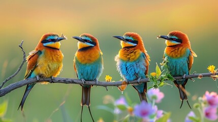 Obraz premium European Bee Eaters with Prey in Beaks at Breeding Colony on Bagerova Steppe, Kerch Peninsula, Crimea, Ukraine