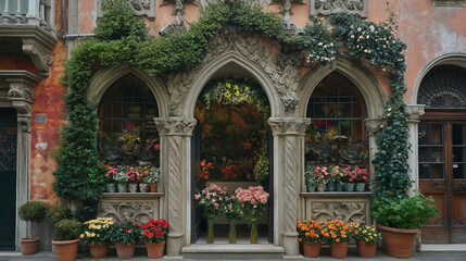 Fototapeta premium An ornate arched entrance to what appears to be a flower shop. The facade of the building is adorned with intricate stone carvings and is partially covered by cascading green ivy