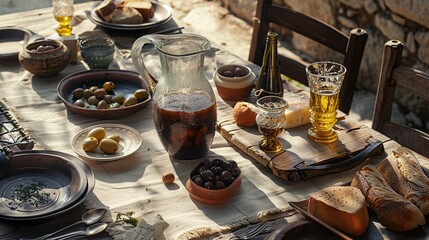 A rustic table setup with a pitcher of traditional Greek ouzo, accompanied by glasses of the anise-flavored drink, and small plates of olives, cheese, and bread