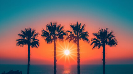 A serene sunset scene with four tall palm trees standing in a row against a gradient sky transitioning from a deep blue at the top to a warm orange hue at the bottom