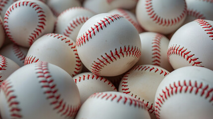 
A plethora of baseballs, each with a pristine white surface and distinct red stitching. They are densely packed together, creating a visually captivating mosaic of the sport's iconic spheres