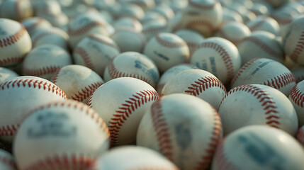 
A plethora of baseballs, each with a pristine white surface and distinct red stitching. They are densely packed together, creating a visually captivating mosaic of the sport's iconic spheres