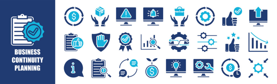 Business Continuity Planning icon collection set. Containing design,strategy, management, business, risk, concept,and more. Solid vector icons collection.	