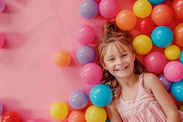 Obraz premium A girl plays and having fun in an indoor playground. Laying in a pool full of colorful balls.
