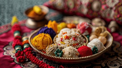 13. A beautifully decorated Raksha Bandhan plate with intricate rakhis and sweets, set against a backdrop of traditional Indian patterns