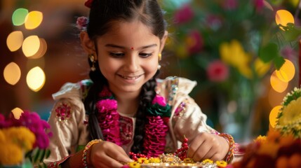 2. A sister smiling as she ties a rakhi on her brother's wrist, surrounded by festive lights and flowers