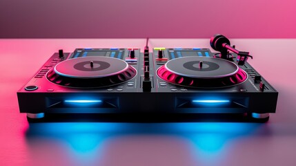 Digital 3D DJ turntable with neon lights, 3D background music, energetic and innovative,...