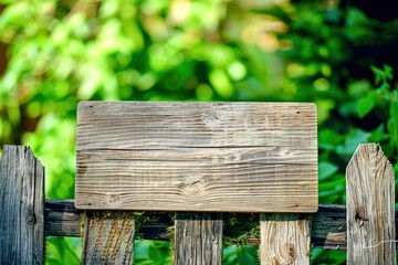 Fototapeta premium A weathered wooden sign attached to a rustic fence with a blurred green background. The image conveys a natural and organic feel, ideal for themes related to outdoors, gardening, and country living.