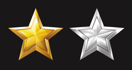 Golden silver glossy metallic stars 3d realistic style. Suitable for use in awards celebratory graphic, and other creative projects requiring a symbol of excellence. Medals