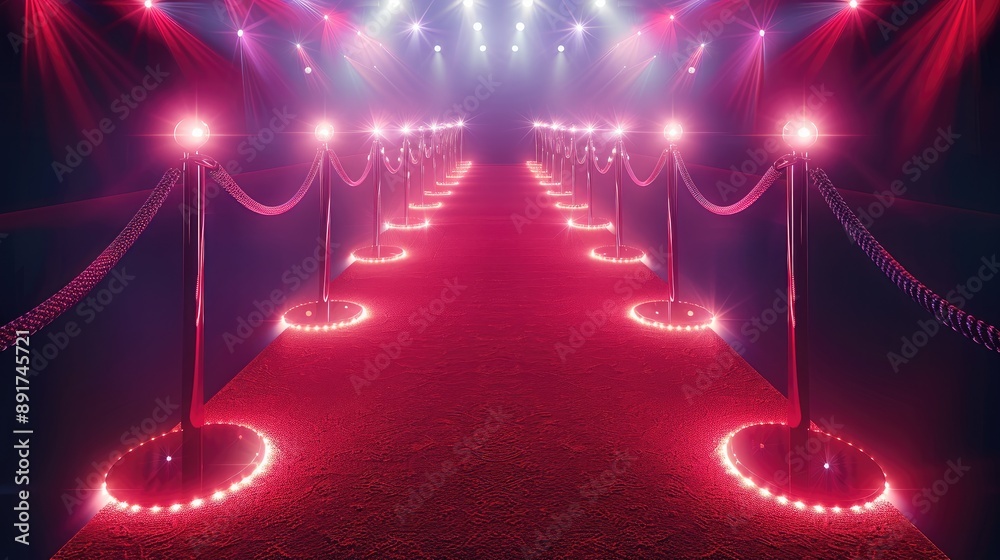 Poster red carpet with ropes and glowing lights on both sides of it. generative ai.