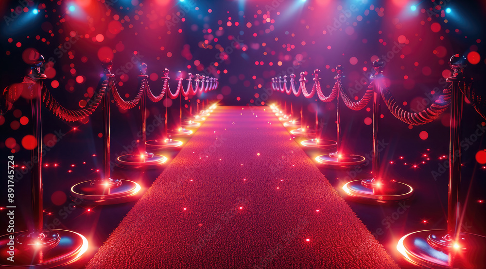 Poster red carpet with ropes and glowing lights on both sides of it. generative ai.