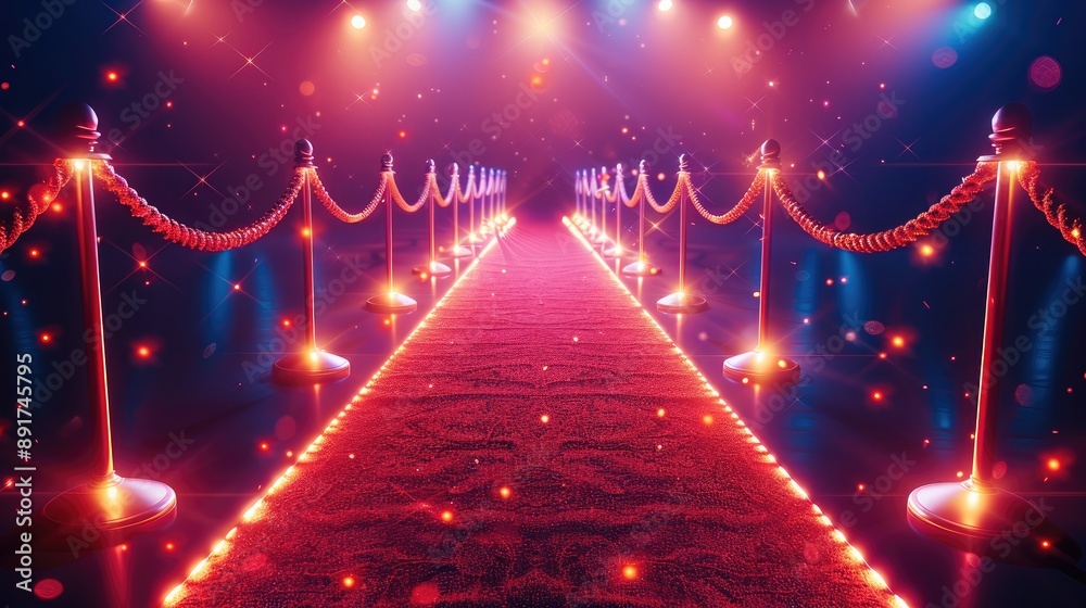 Poster red carpet with ropes and glowing lights on both sides of it. generative ai.